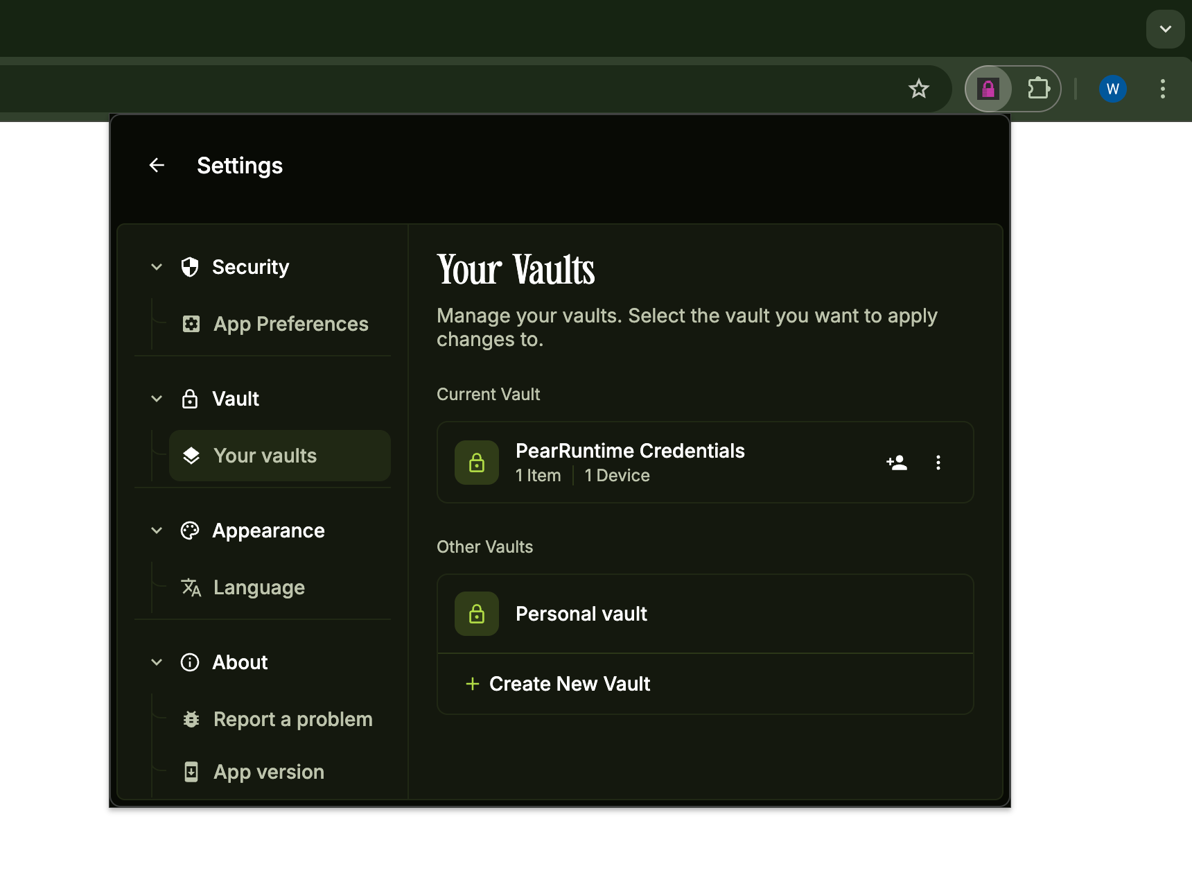Your Vaults screen with the Create New Vault button