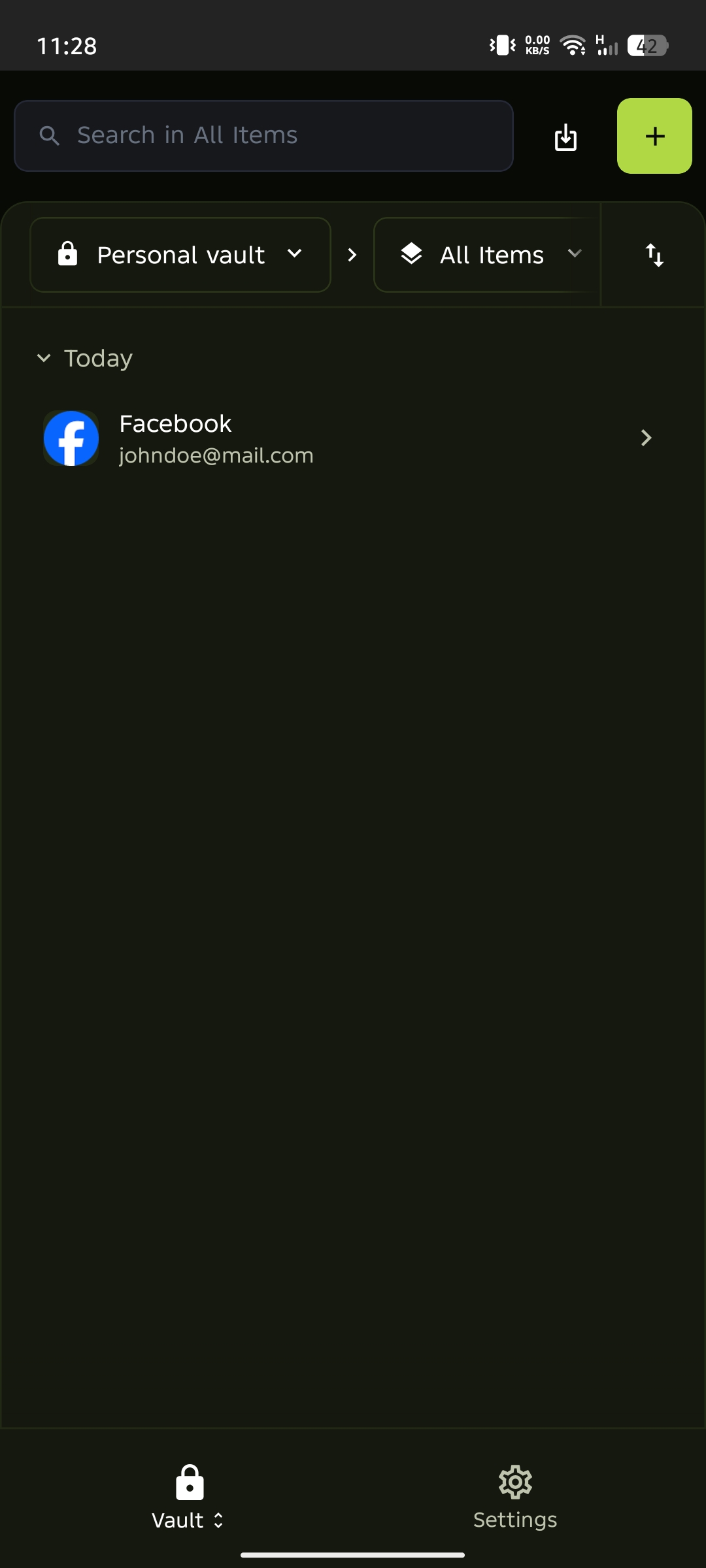 Vault screen with Settings in the bottom navigation bar