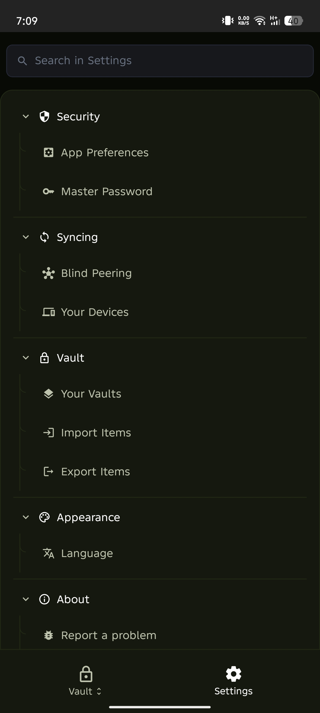 Settings screen showing the Vault section with Your Vaults